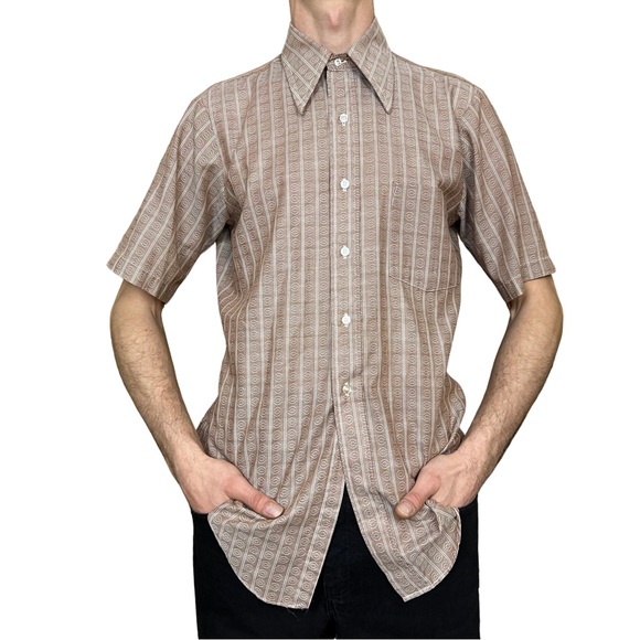 Vintage Men’s Brown Patterned Short Sleeve Button Down 70s Dagger Collar Small - Picture 1 of 10